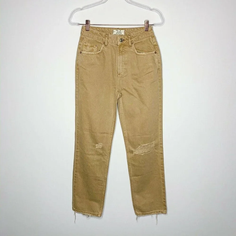 WE THE FREE Jeans Women Size 26‎ Tan Dakota Straight Leg Distressed